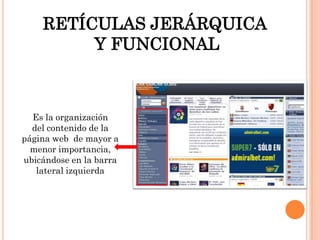 RETÍCULAS JERÁRQUICA <br />Y FUNCIONAL<br />Es la organización <br />del contenido de la<br />página web  de mayor a menor...
