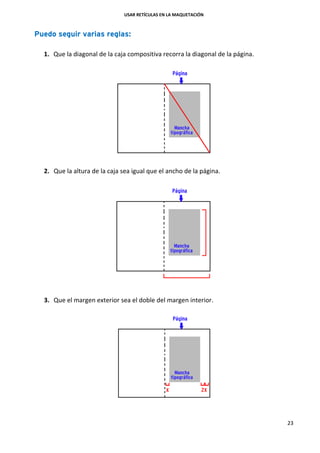 USAR RETÍCULAS EN LA MAQUETACIÓN
23
Puedo seguir varias reglas:
1. Que la diagonal de la caja compositiva recorra la diagonal de la página.
2. Que la altura de la caja sea igual que el ancho de la página.
3. Que el margen exterior sea el doble del margen interior.
 