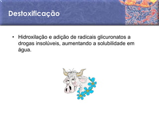 Destoxificação


 • Hidroxilação e adição de radicais glicuronatos a
   drogas insolúveis, aumentando a solubilidade em
   água.
 