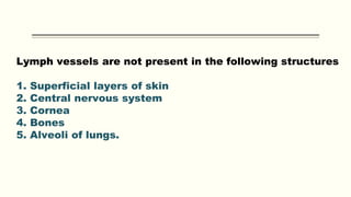 Lymph vessels are not present in the following structures
1. Superficial layers of skin
2. Central nervous system
3. Cornea
4. Bones
5. Alveoli of lungs.
 