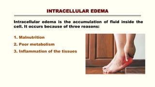 INTRACELLULAR EDEMA
Intracellular edema is the accumulation of fluid inside the
cell. It occurs because of three reasons:
1. Malnutrition
2. Poor metabolism
3. Inflammation of the tissues
 