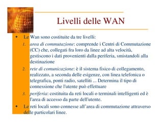 Livelli delle WAN
Le Wan sono costituite da tre livelli:
1. area di commutazione: comprende i Centri di Commutazione
(CC) che, collegati fra loro da linee ad alta velocità,
gestiscono i dati provenienti dalla periferia, smistandoli alla
destinazione
destinazione
2. rete di comunicazione: è il sistema fisico di collegamento,
realizzato, a seconda delle esigenze, con linea telefonica o
telegrafica, ponti radio, satelliti ... Determina il tipo di
connessione che l'utente può effettuare
3. periferia: costituita da reti locali o terminali intelligenti ed è
l'area di accesso da parte dell'utente.
Le reti locali sono connesse all’area di commutazione attraverso
delle particolari linee.
 