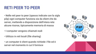 RETI PEER TO PEER
• Nelle reti peer to peer (spesso indicate con la sigla
p2p) ogni computer funziona sia da client che da
server, mettendo a disposizione dell’intera rete
alcune risorse, tipicamente memoria di massa
• I computer vengono chiamati nodi
• Utilizzo in reti locali (file sharing)
• un computer è client quando richiede i file ed è
server nel momento in cui li fornisce
 