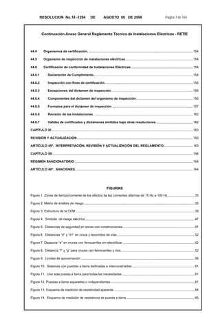 RESOLUCION No.18 -1294 DE AGOSTO 06 DE 2008 Página 7 de 164
Continuación Anexo General Reglamento Técnico de Instalaciones Eléctricas - RETIE
44.4  Organismos de certificación. ...................................................................................................................154 
44.5  Organismo de inspección de instalaciones eléctricas...........................................................................154 
44.6  Certificación de conformidad de Instalaciones Eléctricas ....................................................................154 
44.6.1  Declaración de Cumplimiento..............................................................................................................154 
44.6.2  Inspección con fines de certificación. ................................................................................................155 
44.6.3  Excepciones del dictamen de inspección. .........................................................................................156 
44.6.4  Componentes del dictamen del organismo de inspección:..............................................................156 
44.6.5  Formatos para el dictamen de inspección .........................................................................................157 
44.6.6  Revisión de las Instalaciones. .............................................................................................................162 
44.6.7  Validez de certificados y dictámenes emitidos bajo otras resoluciones.........................................162 
CAPÍTULO XI ............................................................................................................................................................163 
REVISIÓN Y ACTUALIZACIÓN................................................................................................................................163 
ARTÍCULO 45º. INTERPRETACIÓN, REVISIÓN Y ACTUALIZACIÓN DEL REGLAMENTO................................163 
CAPÍTULO XII ...........................................................................................................................................................164 
RÉGIMEN SANCIONATORIO...................................................................................................................................164 
ARTÍCULO 46º. SANCIONES..................................................................................................................................164 
FIGURAS
Figura 1. Zonas de tiempo/corriente de los efectos de las corrientes alternas de 15 Hz a 100 Hz..............................35 
Figura 2. Matriz de análisis de riesgo ..........................................................................................................................35 
Figura 3. Estructura de la CEM....................................................................................................................................39 
Figura 4. Símbolo de riesgo eléctrico.........................................................................................................................47 
Figura 5. Distancias de seguridad en zonas con construcciones................................................................................51 
Figura 6. Distancias “d” y “d1” en cruce y recorridos de vías......................................................................................52 
Figura 7. Distancia “e” en cruces con ferrocarriles sin electrificar................................................................................52 
Figura 8. Distancia “f” y “g” para cruces con ferrocarriles y ríos..................................................................................52 
Figura 9. Límites de aproximación..............................................................................................................................56 
Figura 10. Sistemas con puestas a tierra dedicadas e interconectadas. ....................................................................61 
Figura 11. Una sola puesta a tierra para todas las necesidades ................................................................................61 
Figura 12. Puestas a tierra separadas o independientes.............................................................................................61 
Figura 13. Esquema de medición de resistividad aparente. ........................................................................................64 
Figura 14. Esquema de medición de resistencia de puesta a tierra............................................................................65 
 