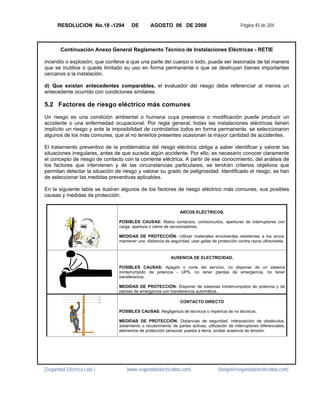 RESOLUCION No.18 -1294            DE        AGOSTO 06 DE 2008                                Página 45 de 204



        Continuación Anexo General Reglamento Técnico de Instalaciones Eléctricas - RETIE

incendio o explosión, que conlleve a que una parte del cuerpo o todo, pueda ser lesionada de tal manera
que se inutilice o quede limitado su uso en forma permanente o que se destruyan bienes importantes
cercanos a la instalación.

d) Que existan antecedentes comparables, el evaluador del riesgo debe referenciar al menos un
antecedente ocurrido con condiciones similares.

5.2 Factores de riesgo eléctrico más comunes
Un riesgo es una condición ambiental o humana cuya presencia o modificación puede producir un
accidente o una enfermedad ocupacional. Por regla general, todas las instalaciones eléctricas tienen
implícito un riesgo y ante la imposibilidad de controlarlos todos en forma permanente, se seleccionaron
algunos de los más comunes, que al no tenerlos presentes ocasionan la mayor cantidad de accidentes.

El tratamiento preventivo de la problemática del riesgo eléctrico obliga a saber identificar y valorar las
situaciones irregulares, antes de que suceda algún accidente. Por ello, es necesario conocer claramente
el concepto de riesgo de contacto con la corriente eléctrica. A partir de ese conocimiento, del análisis de
los factores que intervienen y de las circunstancias particulares, se tendrán criterios objetivos que
permitan detectar la situación de riesgo y valorar su grado de peligrosidad. Identificado el riesgo, se han
de seleccionar las medidas preventivas aplicables.

En la siguiente tabla se ilustran algunos de los factores de riesgo eléctrico más comunes, sus posibles
causas y medidas de protección.


                                                                   ARCOS ELÉCTRICOS.

                                   POSIBLES CAUSAS: Malos contactos, cortocircuitos, aperturas de interruptores con
                                   carga, apertura o cierre de seccionadores.

                                   MEDIDAS DE PROTECCIÓN: Utilizar materiales envolventes resistentes a los arcos,
                                   mantener una distancia de seguridad, usar gafas de protección contra rayos ultravioleta.


                                                               AUSENCIA DE ELECTRICIDAD.

                                   POSIBLES CAUSAS: Apagón o corte del servicio, no disponer de un sistema
                                   ininterrumpido de potencia - UPS, no tener plantas de emergencia, no tener
                                   transferencia.

                                   MEDIDAS DE PROTECCIÓN: Disponer de sistemas ininterrumpidos de potencia y de
                                   plantas de emergencia con transferencia automática.
                              L1
                              L2
                              L3                                    CONTACTO DIRECTO

                                   POSIBLES CAUSAS: Negligencia de técnicos o impericia de no técnicos.

                                   MEDIDAS DE PROTECCIÓN: Distancias de seguridad, interposición de obstáculos,
                                   aislamiento o recubrimiento de partes activas, utilización de interruptores diferenciales,
                                   elementos de protección personal, puesta a tierra, probar ausencia de tensión.




[Seguridad Eléctrica Ltda.]            [www.seguridadelectricaltda.com]                 [favigel@seguridadelectricaltda.com]
 