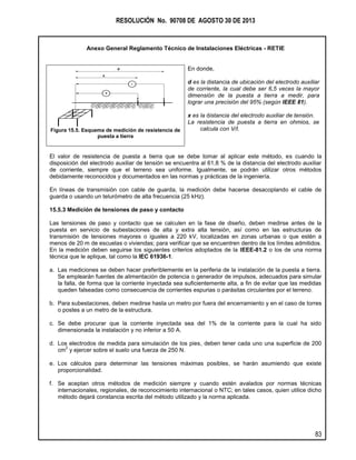 RESOLUCIÓN No. 90708 DE AGOSTO 30 DE 2013
Anexo General Reglamento Técnico de Instalaciones Eléctricas - RETIE
83
Figura 15.5. Esquema de medición de resistencia de
puesta a tierra
En donde,
d es la distancia de ubicación del electrodo auxiliar
de corriente, la cual debe ser 6,5 veces la mayor
dimensión de la puesta a tierra a medir, para
lograr una precisión del 95% (según IEEE 81).
x es la distancia del electrodo auxiliar de tensión.
La resistencia de puesta a tierra en ohmios, se
calcula con V/I.
El valor de resistencia de puesta a tierra que se debe tomar al aplicar este método, es cuando la
disposición del electrodo auxiliar de tensión se encuentra al 61,8 % de la distancia del electrodo auxiliar
de corriente, siempre que el terreno sea uniforme. Igualmente, se podrán utilizar otros métodos
debidamente reconocidos y documentados en las normas y prácticas de la ingeniería.
En líneas de transmisión con cable de guarda, la medición debe hacerse desacoplando el cable de
guarda o usando un telurómetro de alta frecuencia (25 kHz).
15.5.3 Medición de tensiones de paso y contacto
Las tensiones de paso y contacto que se calculen en la fase de diseño, deben medirse antes de la
puesta en servicio de subestaciones de alta y extra alta tensión, así como en las estructuras de
transmisión de tensiones mayores o iguales a 220 kV, localizadas en zonas urbanas o que estén a
menos de 20 m de escuelas o viviendas; para verificar que se encuentren dentro de los límites admitidos.
En la medición deben seguirse los siguientes criterios adoptados de la IEEE-81.2 o los de una norma
técnica que le aplique, tal como la IEC 61936-1.
a. Las mediciones se deben hacer preferiblemente en la periferia de la instalación de la puesta a tierra.
Se emplearán fuentes de alimentación de potencia o generador de impulsos, adecuados para simular
la falla, de forma que la corriente inyectada sea suficientemente alta, a fin de evitar que las medidas
queden falseadas como consecuencia de corrientes espurias o parásitas circulantes por el terreno.
b. Para subestaciones, deben medirse hasta un metro por fuera del encerramiento y en el caso de torres
o postes a un metro de la estructura.
c. Se debe procurar que la corriente inyectada sea del 1% de la corriente para la cual ha sido
dimensionada la instalación y no inferior a 50 A.
d. Los electrodos de medida para simulación de los pies, deben tener cada uno una superficie de 200
cm
2
y ejercer sobre el suelo una fuerza de 250 N.
e. Los cálculos para determinar las tensiones máximas posibles, se harán asumiendo que existe
proporcionalidad.
f. Se aceptan otros métodos de medición siempre y cuando estén avalados por normas técnicas
internacionales, regionales, de reconocimiento internacional o NTC; en tales casos, quien utilice dicho
método dejará constancia escrita del método utilizado y la norma aplicada.
I
V
d
x
 