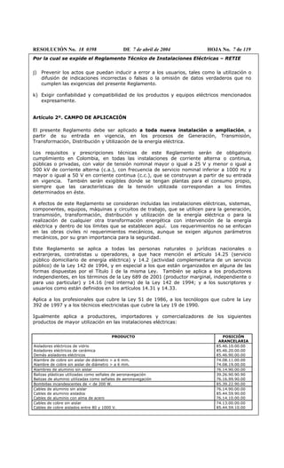 RESOLUCIÓN No. 18 0398 DE 7 de abril de 2004 HOJA No. 7 de 119
Por la cual se expide el Reglamento Técnico de Instalaciones Eléctricas – RETIE
j) Prevenir los actos que puedan inducir a error a los usuarios, tales como la utilización o
difusión de indicaciones incorrectas o falsas o la omisión de datos verdaderos que no
cumplen las exigencias del presente Reglamento.
k) Exigir confiabilidad y compatibilidad de los productos y equipos eléctricos mencionados
expresamente.
Artículo 2º. CAMPO DE APLICACIÓN
El presente Reglamento debe ser aplicado a toda nueva instalación o ampliación, a
partir de su entrada en vigencia, en los procesos de Generación, Transmisión,
Transformación, Distribución y Utilización de la energía eléctrica.
Los requisitos y prescripciones técnicas de este Reglamento serán de obligatorio
cumplimiento en Colombia, en todas las instalaciones de corriente alterna o continua,
públicas o privadas, con valor de tensión nominal mayor o igual a 25 V y menor o igual a
500 kV de corriente alterna (c.a.), con frecuencia de servicio nominal inferior a 1000 Hz y
mayor o igual a 50 V en corriente continua (c.c.), que se construyan a partir de su entrada
en vigencia. También serán exigibles donde se tengan plantas para el consumo propio,
siempre que las características de la tensión utilizada correspondan a los límites
determinados en éste.
A efectos de este Reglamento se consideran incluidas las instalaciones eléctricas, sistemas,
componentes, equipos, máquinas y circuitos de trabajo, que se utilicen para la generación,
transmisión, transformación, distribución y utilización de la energía eléctrica o para la
realización de cualquier otra transformación energética con intervención de la energía
eléctrica y dentro de los límites que se establecen aquí. Los requerimientos no se enfocan
en las obras civiles ni requerimientos mecánicos, aunque se exigen algunos parámetros
mecánicos, por su gran importancia para la seguridad.
Este Reglamento se aplica a todas las personas naturales o jurídicas nacionales o
extranjeras, contratistas u operadores, a que hace mención el artículo 14.25 (servicio
público domiciliario de energía eléctrica) y 14.2 (actividad complementaria de un servicio
público) de la Ley 142 de 1994, y en especial a los que están organizados en alguna de las
formas dispuestas por el Título I de la misma Ley. También se aplica a los productores
independientes, en los términos de la Ley 689 de 2001 (productor marginal, independiente o
para uso particular) y 14.16 (red interna) de la Ley 142 de 1994; y a los suscriptores y
usuarios como están definidos en los artículos 14.31 y 14.33.
Aplica a los profesionales que cubre la Ley 51 de 1986, a los tecnólogos que cubre la Ley
392 de 1997 y a los técnicos electricistas que cubre la Ley 19 de 1990.
Igualmente aplica a productores, importadores y comercializadores de los siguientes
productos de mayor utilización en las instalaciones eléctricas:
PRODUCTO POSICIÓN
ARANCELARIA
Aisladores eléctricos de vidrio
Aisladores eléctricos de cerámica
Demás aisladores eléctricos
85.46.10.00.00
85.46.20.00.00
85.46.90.00.00
Alambre de cobre sin aislar de diámetro > a 6 mm.
Alambre de cobre sin aislar de diámetro > a 6 mm.
74.08.11.00.00
74.08.19.00.00
Alambres de aluminio sin aislar 76.14.90.00.00
Balizas plásticas utilizadas como señales de aeronavegación
Balizas de aluminio utilizadas como señales de aeronavegación
39.26.90.90.90
76.16.99.90.00
Bombillas incandescentes de < de 200 W. 85.39.22.90.00
Cables de aluminio sin aislar
Cables de aluminio aislados
Cables de aluminio con alma de acero
76.14.90.00.00
85.44.59.90.00
76.14.10.00.00
Cables de cobre sin aislar
Cables de cobre aislados entre 80 y 1000 V.
74.13.00.00.00
85.44.59.10.00
 