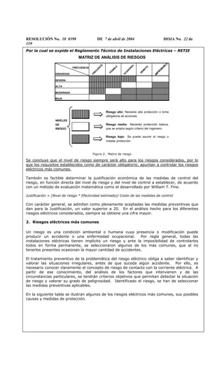 RESOLUCIÓN No. 18 0398 DE 7 de abril de 2004 HOJA No. 22 de
119
Por la cual se expide el Reglamento Técnico de Instalaciones Eléctricas – RETIE
MATRIZ DE ANÁLISIS DE RIESGOS
FR
ECU
EN
TE
PO
SIBLE
O
CASIO
NA
L
REM
O
TO
IM
PR
O
B
A
B
LE
FRECUENCIA
GRAVEDAD
SEVERA
ALTA
MODERADA
BAJA
1 2 3 4 5
NIVELES
DE
RIESGO
Riesgo alto: Necesita alta protección o toma
obligatoria de acciones.
Riesgo medio: Necesita protección básica,
que se amplia según criterio del ingeniero.
Riesgo bajo: Se puede asumir el riesgo o
instalar protección.
FR
ECU
EN
TE
PO
SIBLE
O
CASIO
NA
L
REM
O
TO
IM
PR
O
B
A
B
LE
Figura 2. Matriz de riesgo
Se concluye que el nivel de riesgo siempre será alto para los riesgos considerados, por lo
que los requisitos establecidos como de carácter obligatorio, apuntan a controlar los riesgos
eléctricos más comunes.
También es factible determinar la justificación económica de las medidas de control del
riesgo, en función directa del nivel de riesgo y del nivel de control a establecer, de acuerdo
con un método de evaluación matemática como el desarrollado por William T. Fine.
Justificación = (Nivel de riesgo * Efectividad estimada)/ Costo de las medidas de control
Con carácter general, se admiten como plenamente aceptadas las medidas preventivas que
dan para la Justificación, un valor superior a 20. En el análisis hecho para los diferentes
riesgos eléctricos considerados, siempre se obtiene una cifra mayor.
2. Riesgos eléctricos más comunes
Un riesgo es una condición ambiental o humana cuya presencia o modificación puede
producir un accidente o una enfermedad ocupacional. Por regla general, todas las
instalaciones eléctricas tienen implícito un riesgo y ante la imposibilidad de controlarlos
todos en forma permanente, se seleccionaron algunos de los más comunes, que al no
tenerlos presentes ocasionan la mayor cantidad de accidentes.
El tratamiento preventivo de la problemática del riesgo eléctrico obliga a saber identificar y
valorar las situaciones irregulares, antes de que suceda algún accidente. Por ello, es
necesario conocer claramente el concepto de riesgo de contacto con la corriente eléctrica. A
partir de ese conocimiento, del análisis de los factores que intervienen y de las
circunstancias particulares, se tendrán criterios objetivos que permitan detectar la situación
de riesgo y valorar su grado de peligrosidad. Identificado el riesgo, se han de seleccionar
las medidas preventivas aplicables.
En la siguiente tabla se ilustran algunos de los riesgos eléctricos más comunes, sus posibles
causas y medidas de protección.
 