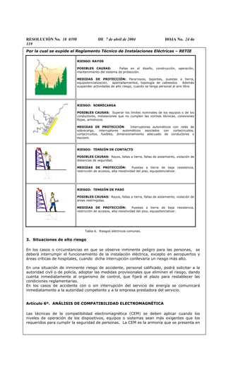 RESOLUCIÓN No. 18 0398 DE 7 de abril de 2004 HOJA No. 24 de
119
Por la cual se expide el Reglamento Técnico de Instalaciones Eléctricas – RETIE
RIESGO: RAYOS
POSIBLES CAUSAS: Fallas en el diseño, construcción, operación,
mantenimiento del sistema de protección.
MEDIDAS DE PROTECCIÓN: Pararrayos, bajantes, puestas a tierra,
equipotencialización, apantallamientos, topología de cableados. Además
suspender actividades de alto riesgo, cuando se tenga personal al aire libre.
RIESGO: SOBRECARGA
POSIBLES CAUSAS: Superar los límites nominales de los equipos o de los
conductores, instalaciones que no cumplen las normas técnicas, conexiones
flojas, armónicos.
MEDIDAS DE PROTECCIÓN: Interruptores automáticos con relés de
sobrecarga, interruptores automáticos asociados con cortacircuitos,
cortacircuitos, fusibles, dimensionamiento adecuado de conductores y
equipos.
RIESGO: TENSIÓN DE CONTACTO
POSIBLES CAUSAS: Rayos, fallas a tierra, fallas de aislamiento, violación de
distancias de seguridad.
MEDIDAS DE PROTECCIÓN: Puestas a tierra de baja resistencia,
restricción de accesos, alta resistividad del piso, equipotencializar.
I
RIESGO: TENSIÓN DE PASO
POSIBLES CAUSAS: Rayos, fallas a tierra, fallas de aislamiento, violación de
áreas restringidas.
MEDIDAS DE PROTECCIÓN: Puestas a tierra de baja resistencia,
restricción de accesos, alta resistividad del piso, equipotencializar.
Tabla 6. Riesgos eléctricos comunes.
3. Situaciones de alto riesgo
En los casos o circunstancias en que se observe inminente peligro para las personas, se
deberá interrumpir el funcionamiento de la instalación eléctrica, excepto en aeropuertos y
áreas críticas de hospitales, cuando dicha interrupción conllevaría un riesgo más alto.
En una situación de inminente riesgo de accidente, personal calificado, podrá solicitar a la
autoridad civil o de policía, adoptar las medidas provisionales que eliminen el riesgo, dando
cuenta inmediatamente al organismo de control, que fijará el plazo para restablecer las
condiciones reglamentarias.
En los casos de accidente con o sin interrupción del servicio de energía se comunicará
inmediatamente a la autoridad competente y a la empresa prestadora del servicio.
Artículo 6º. ANÁLISIS DE COMPATIBILIDAD ELECTROMAGNÉTICA
Las técnicas de la compatibilidad electromagnética (CEM) se deben aplicar cuando los
niveles de operación de los dispositivos, equipos o sistemas sean más exigentes que los
requeridos para cumplir la seguridad de personas. La CEM es la armonía que se presenta en
 