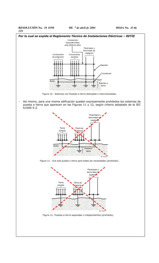 RESOLUCIÓN No. 18 0398 DE 7 de abril de 2004 HOJA No. 45 de
119
Por la cual se expide el Reglamento Técnico de Instalaciones Eléctricas – RETIE
Pararrayos o
terminales de
captación
Suelo
Conductores
de protección
Conductores
aislados
Conexiones
equipotenciales
para edificios altos
Bajantes
Conexiones
Puestas a
tierra
Figura 10. Sistemas con Puestas a tierra dedicadas e interconectadas.
− Así mismo, para una misma edificación quedan expresamente prohibidos los sistemas de
puesta a tierra que aparecen en las Figuras 11 y 12, según criterio adoptado de la IEC
61000-5-2.
Pararrayos o
terminales de
captación
Suelo
Tierra
aislada
Tierra de
potencia
Puesta a
tierra
IEC-1419/97
Figura 11. Una sola puesta a tierra para todas las necesidades (prohibido).
IEC-1418/97
Pararrayos o
terminales de
captación
Tierra
aislada
Tierra de
potencia
Figura 12. Puestas a tierra separadas o independientes (prohibido).
 