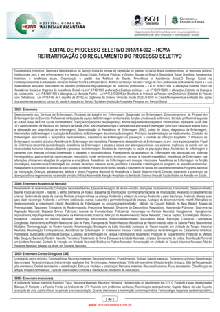 EDITAL DE PROCESSO SELETIVO 2017/14-002 – HGWA
RERRATIFICAÇÃO DO REGULAMENTO DO PROCESSO SELETIVO
3 de 5
Fundamentos Históricos, Teóricos e Metodológicos do Serviço Social;As formas de expressão da questão social no Brasil contemporâneo, as respostas político-
institucionais para o seu enfrentamento e o Serviço Social;Estado, Políticas Públicas e Direitos Sociais no Brasil;A Seguridade Social brasileira: fundamentos
históricos e tendências atuais. Organização e gestão das Políticas de Saúde, Previdência e Assistência Social;O Serviço Social na
Contemporaneidade;Fundamentos éticos do Serviço Social e o Projeto Ético - Político do Serviço Social;O Código de Ética profissional do Assistente Social e a sua
materialidade enquanto instrumento de trabalho profissional.Regulamentação do exercício profissional – Lei n° 8.662/1993 e alterações;Sistema Único de
Assistência Social;Lei Orgânica da Assistência Social – Lei nº 8.742/1993 e alterações;Estatuto do Idoso – Lei nº 10.741/2003 e alterações;Estatuto da Criança e
do Adolescente – Lei nº 8.069/1990 e alterações.Lei Maria da Penha – Lei nº 11.340/2006;Lei Brasileira de Inclusão da Pessoa com Deficiência (Estatuto da Pessoa
com Deficiência) - Lei nº 13.146, de 6 de julho de 2015;Leis Orgânicas do Sistema Único de Saúde (SUS);O SUS no Ceará;Planejamento e avaliação das ações
dos assistentes sociais no campo da saúde;A atuação do Serviço Social em Instituição Hospitalar;Pesquisa em Serviço Social.
3003 - Enfermeiro
1. Gerenciamento dos Serviços de Enfermagem. Processo de trabalho em Enfermagem; Supervisão em Enfermagem; Dimensionamento de Pessoal em
Enfermagem;Lei do Exercício Profissional; Atribuições da equipe de Enfermagem conforme a lei; funções privativas do enfermeiro; Conduta profissional segundo
a Lei e o Código de Ética. Saúde do trabalhador. Doenças ocupacionais. Biossegurança. Norma Regulamentadora para os trabalhadores da área da saúde (NR
32); Gerenciamento de Resíduos em Serviços de Saúde (RDC 306/2004)Semiologia e semiotécnica aplicada à Enfermagem (princípios básicos do exame físico
e adequação aos diagnósticos de enfermagem). Sistematização da Assistência de Enfermagem (SAE), coleta de dados, diagnóstico de Enfermagem,
Intervenções de Enfermagem e Avaliação da Assistência de Enfermagem documentação e registro. Princípios da administração de medicamentos. Cuidados de
Enfermagem relacionados à terapêutica medicamentosa. Assistência de Enfermagem na prevenção e controle de infecção hospitalar. O Processo de
Enfermagem no centro cirúrgico. Assistência de Enfermagem peri-operatória. Planejamento da assistência de Enfermagem no pré, trans e pós-operatório. Papel
do Enfermeiro na central de esterilização. Assistência de Enfermagem a adultos e idosos com alterações clínicas nos sistemas orgânicos, de acordo com as
necessidades humanas básicas utilizando o processo de enfermagem. Modelos de intervenção na saúde da população idosa. Assistência de enfermagem a
pacientes com doenças crônicas (hipertensão e diabetes) e imunodeficiência. Planejamento da assistência de Enfermagem nas alterações dos sistemas
hematopoiético, gastrointestinal, cardiovascular, respiratório, renal, geniturinário, endócrino, nervoso e músculo-esquelético. Assistência de Enfermagem nas
alterações clínicas em situações de urgência e emergência. Assistência de Enfermagem em doenças infecciosas. Assistência de Enfermagem na função
imunológica. Assistência de Enfermagem em unidade de terapia intensiva adulto, pediátrico e neonatal. Enfermagem no programa de assistência domiciliar.
Planejamento e promoção do ensino de auto-cuidado ao cliente.Prevenção de lesões de pele e tratamento de feridas em pacientes internados;Programa Nacional
de Imunização; Crianças, adolescentes, adultos e idosos;Programa Nacional de Assistência a Saúde Materno-infantil;Controle, tratamento e prevenção de
doenças crônico-degenerativas na atenção primária;Política Nacional de Atenção Hospitalar no âmbito do Sistema Único de Saúde;Redes de Atenção em Saúde.
3004 - Enfermeiro Assistencial Neonatal
Recebimento do recém-nascido; Condições neonatais básicas; Etapas da recepção do recém-nascido; Alterações cromossômicas; Crescimento; Desenvolvimento;
Exame Físico ao recém - nascido a termo (primeiras 24 horas); Esquema de Imunizações do Programa Nacional de Imunizações; Avaliando o crescimento da
criança; Caderneta de saúde da criança; Medidas antropométricas na criança; Avaliando a estatura da criança; Avaliando o peso da criança; Avaliando altura e peso
para idade na criança; Avaliando o perímetro cefálico da criança; Avaliando o perímetro braquial da criança; Avaliação do desenvolvimento infantil; Alterações no
desenvolvimento e crescimento infantil; Assistência de Enfermagem na exosanguineotransfusão; Método de Capurro; Método de New Ballard; Apneia da
Prematuridade; Taquipneia Transitória do Recém-nascido; Pneumonia Neonatal; Síndrome do Desconforto Respiratório; Hipertensão Pulmonar; Síndrome da
Aspiração Meconial; Displasia Bronco Pulmonar; Anemia da Prematuridade; Policitemia; Hemorragia no Período Neonatal; Hipoglicemia; Hiperglicemia;
Hipocalcemia; Hipomagnesemia; Osteopenia da Prematuridade; Icterícia; Infecção no Recém-nascido; Sepse Neonatal; Choque Séptico; Encefalopatia Hipóxica-
Isquêmica; Convulsões no Período Neonatal; Hemorragia Intracraniana; EnterocoliteNecrosante; Insuficiência Renal; Patologias Cirúrgicas; Cardiopatias
Congênitas; Atendimento ao Recém-Nascido na Sala de Parto; Transporte do Recém-Nascido; Assistência ao Recém-nascido sadio na Sala de Parto; Nascimentos
Múltiplos; Termorregulação no Recém-nascido; Amamentação; Montagem do Leito Neonatal; Admissão do Recém-nascido em Unidade de Terapia Intensiva
Neonatal; Reanimação Cardiopulmonar; Assistência de Enfermagem no Cateterismo Venoso Central; Assistência de Enfermagem no Cateterismo Umbilical;
Fototerapia; Surfactante; Colheita de Sangue; Cuidados de Enfermagem na Terapia Transfusional; Isolamento; Protocolo de Toque Mínimo; Protocolo do Método
Mãe Canguru; Banho do Recém- Nascido Prematuro; Tratamento da Dor e Estresse na Unidade Neonatal; Limpeza Concorrente de Leitos; Desinfecção Terminal
em Unidade Neonatal; Controle de Infecção em Unidade Neonatal; Bioética na Prática Neonatal; Humanização em Unidade de Terapia Intensiva Neonatal; Alta do
Paciente Neonatal; Manejo da Morte em Unidade Neonatal.
3005 - Enfermeiro Centro Cirúrgico e CME
Unidade do centro cirúrgico; Estrutura física; Recursos materiais; Recursos humanos; Procedimentos; Rotinas; Sala de operação; Tratamento cirúrgico; Classificação
das cirurgias; Tempos cirúrgicos; Instrumentais, agulhas e fios; Terminologias; Anestesiologia; Visita pré-operatória; Infecção de sítio cirúrgico; Sala de Recuperação
pós-anestésica; Central de materiais e esterilização; Estrutura: modelos e localização; Recursos materiais; Recursos humanos; Fluxo de materiais; Classificação de
artigos; Preparo de materiais; Tipos de esterilização; Controle e Validação de processos de estrilização.
3006 - Enfermeiro Intensivista
A unidade de terapia intensiva; Estrutura Física; Recursos Materiais; Recursos Humanos; Humanização do atendimento em UTI; O Paciente e suas Necessidades
Básicas; O Paciente e a Família Frente ao Ambiente da UTI; Paciente com problemas cardíacos; Reanimação cardiopulmonar; Suporte básico de vida; Suporte
avançado de vida; Ações críticas no período pós-ressuscitação; Quando interromper a reanimação cardiorrespiratória; Farmacologia na parada cardiorrespiratória;
www.pciconcursos.com.br
 