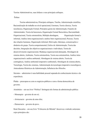 Teorias Administrativas, suas ênfases e seus principais enfoques.

Ênfase:

        Teorias administrativas, Principais enfoques, Tarefas, Administração científica,
Racionalização do trabalho no nível operacional, Estrutura, Teoria clássica, Teoria
neoclássica, Organização Formal, Princípios gerais da Administração, Funções do
Administrador, Teoria da burocracia, Organização Formal Burocrática, Racionalidade
Organizacional, Teoria estruturalista, Múltipla abordagem,          Organização formal e
informal, Análise intra-organizacional e análise Inter organizacional, Pessoas, Teoria
das relações humanas, Organização informal, Motivação, liderança, comunicações e
dinâmica de grupo, Teoria comportamental, Estilos de Administração, Teoria das
decisões, Integração dos objetivos organizacionais e individuais, Teoria do
desenvolvimento organizacional, Mudança organizacional planejada, Abordagem de
sistema aberto, Ambiente, Teoria estruturalista, Teoria neo-estruturalista, Análise intra-
organizacional e análise ambiental, Abordagem de sistema aberto, Teoria da
contingência, Análise ambiental (imperativo ambiental), Abordagem de sistema aberto,
Tecnologia, Teoria dos sistemas, Administração da tecnologia (imperativo tecnológico),
Antecedentes Históricos da Administração, Influência dos filósofos.

Sócrates – administrar é uma habilidade pessoal separada do conhecimento técnico e da
experiência.

Platão – preocupou-se com os negócios públicos e com a forma democrática de
governo.

Aristóteles – em seu livro “Política” distinguia três formas de administração pública:

- Monarquia – governo de um só;

- Aristocracia – governo de uma elite;

- Democracia – governo do povo.

René Descartes – em seu livro “O discurso do Método” descreveu o método cartesiano
cujos princípios são:

                                                                                         21
 