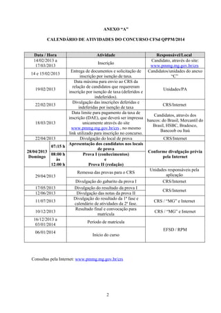 ANEXO “A”

          CALENDÁRIO DE ATIVIDADES DO CONCURSO CFSd QPPM/2014


   Data / Hora                       Atividade                       Responsável/Local
   14/02/2013 a                                                   Candidato, através do site:
                                      Inscrição
    17/03/2013                                                    www.pmmg.mg.gov.br/crs
                      Entrega de documentos e solicitação de     Candidatos/unidades do anexo
  14 e 15/02/2013
                            inscrição por isenção de taxa.                   “C”
                        Data máxima para envio ao CRS da
                       relação de candidatos que requereram
     19/02/2013                                                          Unidades/PA
                     inscrição por isenção de taxa (deferidos e
                                     indeferidos).
                       Divulgação das inscrições deferidas e
     22/02/2013                                                         CRS/Internet
                           indeferidas por isenção de taxa
                       Data limite para pagamento da taxa de
                                                                   Candidatos, através dos
                     inscrição (DAE), que deverá ser impressa
                                                                bancos: do Brasil, Mercantil do
     18/03/2013               unicamente através do site
                                                                   Brasil, HSBC, Bradesco,
                       www.pmmg.mg.gov.br/crs , no mesmo
                                                                       Bancoob ou Itaú
                     link utilizado para inscrição no concurso.
     22/04/2013             Divulgação do local de prova                 CRS/Internet
                     Apresentação dos candidatos nos locais
             07:15 h
                                       de prova
28/04/2013                                                      Conforme divulgação prévia
             08:00 h          Prova I (conhecimentos)
 Domingo                                                                pela Internet
                às                         e
             12:00 h             Prova II (redação)
                                                                 Unidades responsáveis pela
                          Remessa das provas para o CRS
     29/04/2013                                                            aplicação
                         Divulgação do gabarito da prova I              CRS/Internet
     17/05/2013         Divulgação do resultado da prova I
                                                                        CRS/Internet
     12/06/2013           Divulgação das notas da prova II
                        Divulgação do resultado da 1ª fase e
     11/07/2013                                                    CRS / “MG” e Internet
                         calendário de atividades da 2ª fase.
                         Resultado final e convocação para
     10/12/2013                                                     CRS / “MG” e Internet
                                       matrícula
    16/12/2013 a
                                 Período de matrícula
     03/01/2014
                                                                         EFSD / RPM
     06/01/2014
                                    Início do curso




  Consultas pela Internet: www.pmmg.mg.gov.br/crs




                                          2
 