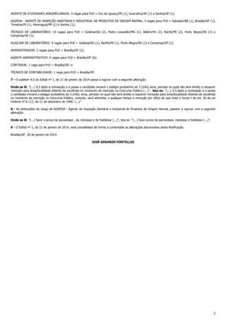 AGENTE DE ATIVIDADES AGROPECUÁRIAS: 3 vagas para PcD = Foz do Iguaçu/PR (1), Guarulhos/SP (1) e Santos/SP (1);
AISIPOA - AGENTE DE INSPEÇÃO SANITÁRIA E INDUSTRIAL DE PRODUTOS DE ORIGEM ANIMAL: 5 vagas para PcD = Salvador/BA (1), Brasília/DF (1),
Teresina/PI (1), Paranaguá/PR (1) e Santos (1);
TÉCNICO DE LABORATÓRIO: 10 vagas para PcD = Goiânia/GO (2), Pedro Leopoldo/MG (1), Belém/PA (2), Recife/PE (2), Porto Alegre/RS (2) e
Campinas/SP (1);
AUXILIAR DE LABORATÓRIO: 4 vagas para PcD = Goiânia/GO (1), Recife/PE (1), Porto Alegre/RS (1) e Campinas/SP (1);
ADMINISTRADOR: 2 vagas para PcD = Brasília/DF (2);
AGENTE ADMINISTRATIVO: 6 vagas para PcD = Brasília/DF (6);
CONTADOR: 1 vaga para PcD = Brasília/DF; e
TÉCNICO DE CONTABILIDADE: 1 vaga para PcD = Brasília/DF.
7 - O subitem 9.5 do Edital nº 1, de 21 de janeiro de 2014 passa a vigorar com a seguinte alteração:
Onde se lê: ”(...) 9.5 Após a nomeação e a posse o candidato iniciará o estágio probatório de 3 (três) anos, período no qual não terá direito a requerer
remoção para área/localidade distinta da escolhida no momento da inscrição no Concurso Público (...)”, leia-se: ”(...) 9.5 Após a nomeação e a posse
o candidato iniciará o estágio probatório de 3 (três) anos, período no qual não terá direito a requerer remoção para área/localidade distinta da escolhida
no momento da inscrição no Concurso Público, contudo, será admitida, a qualquer tempo a remoção por ofício de que trata o Inciso I do art. 36 da Lei
Federal nº 8.112, de 11 de dezembro de 1990. (...)”
8 - As atribuições do cargo de AISIPOA - Agente de Inspeção Sanitária e Industrial de Produtos de Origem Animal, passam a vigorar com a seguinte
alteração:
Onde se lê: ”(...) fazer a prova da paraxidase , da redutase e de fosfatose (...)”, leia-se: ”(...) fazer prova da peroxidase, redutase e fosfatase (...)”.
9 - O Edital nº 1, de 21 de janeiro de 2014, será consolidado de forma a contemplar as alterações decorrentes desta Retificação.
Brasília/DF, 30 de janeiro de 2014.
JOSÉ GERARDO FONTELLES

2

 