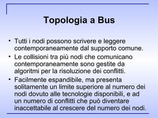 Topologia a Bus Tutti i nodi possono scrivere e leggere contemporaneamente dal supporto comune. Le collisioni tra più nodi che comunicano contemporaneamente sono gestite da algoritmi per la risoluzione dei conflitti. Facilmente espandibile, ma presenta solitamente un limite superiore al numero dei nodi dovuto alle tecnologie disponibili, e ad un numero di conflitti che può diventare inaccettabile al crescere del numero dei nodi.  