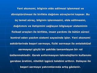 Yeni ekonomi, bilginin elde edilmesi işlenmesi ve dönüştürülmesi ile birlikte dağıtımı süreçlerini kapsar. Bu üç temel süreç, bilginin işlenmesini, elde edilmesini, dağıtımını ve iletişimini sağlayan bilgisayar sisteminin fiziksel araçları ile birlikte, insan yardımı ile bütün süreci kontrol eden yazılım sistemi sayesinde işler. Yeni ekonomi sektörlerinde beşeri sermaye, fiziki sermaye ile entelektüel sermayeyi güçlü bir şekilde tamamlayan bir rol üstlenmektedir. Gerek enformasyon teknolojilerin kullanımı gerekse üretimi, nitelikli işgücü talebini arttırır. Dolayısı ile beşeri sermaye yatırımlarında artış gözlenir. 