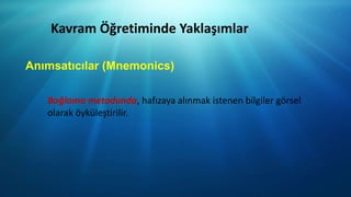 Kavram Öğretiminde Yaklaşımlar
Anımsatıcılar (Mnemonics)
Bağlama metodunda, hafızaya alınmak istenen bilgiler görsel
olarak öyküleştirilir.
 