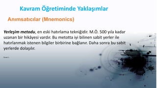 Kavram Öğretiminde Yaklaşımlar
Anımsatıcılar (Mnemonics)
Yerleşim metodu, en eski hatırlama tekniğidir. M.Ö. 500 yıla kadar
uzanan bir hikâyesi vardır. Bu metotta iyi bilinen sabit yerler ile
hatırlanmak istenen bilgiler birbirine bağlanır. Daha sonra bu sabit
yerlerde dolaşılır.
Örnek 5 :
 