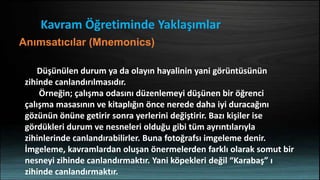 Kavram Öğretiminde Yaklaşımlar
Anımsatıcılar (Mnemonics)
Düşünülen durum ya da olayın hayalinin yani görüntüsünün
zihinde canlandırılmasıdır.
Örneğin; çalışma odasını düzenlemeyi düşünen bir öğrenci
çalışma masasının ve kitaplığın önce nerede daha iyi duracağını
gözünün önüne getirir sonra yerlerini değiştirir. Bazı kişiler ise
gördükleri durum ve nesneleri olduğu gibi tüm ayrıntılarıyla
zihinlerinde canlandırabilirler. Buna fotoğrafsı imgeleme denir.
İmgeleme, kavramlardan oluşan önermelerden farklı olarak somut bir
nesneyi zihinde canlandırmaktır. Yani köpekleri değil “Karabaş” ı
zihinde canlandırmaktır.
 