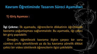 Kavram Öğretiminde Tasarım Süreci Aşamaları
1) Giriş Aşaması :
İlgi Çekme: İlk aşamada, öğrencilerin dikkatinin öğretilecek
kavrama yoğunlaşması sağlanmalıdır. Bu aşamada, ilgi çekici
bir giriş yapılabilir.
Örneğin; öğretilecek kavrama ilişkin çarpıcı bir soru
cümlesi sınıfa yöneltilerek ya da bu kavrama yönelik dikkat
çekici bir video izletilerek öğrencilerin ilgisi çekilebilir.
 