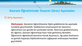 Kavram Öğretiminde Tasarım Süreci Aşamaları
1) Giriş Aşaması :
Motivasyon: Kavramın öğrenilmesine ilişkin güdülenme bu aşamada
harekete geçirilmelidir. Güdülenme (motivasyon) bir kavramın
öğrenilmesi için gerekli ön şartlardan biridir. Yeterince güdülenmemiş
bir öğrenci, kavramı öğrenmeye hazır hale gelmemiş demektir.
Öğrencinin öğretilecek kavrama merak duymasını, ilgi çekici bulmasını
ve günlük hayatıyla ilişkilendirmesini sağlayarak motivasyon harekete
geçirilebilir.
 