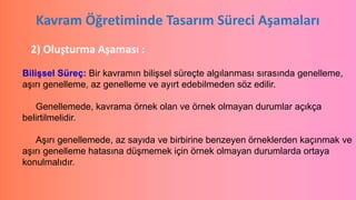 Kavram Öğretiminde Tasarım Süreci Aşamaları
2) Oluşturma Aşaması :
BiliĢsel Süreç: Bir kavramın bilişsel süreçte algılanması sırasında genelleme,
aşırı genelleme, az genelleme ve ayırt edebilmeden söz edilir.
Genellemede, kavrama örnek olan ve örnek olmayan durumlar açıkça
belirtilmelidir.
Aşırı genellemede, az sayıda ve birbirine benzeyen örneklerden kaçınmak ve
aşırı genelleme hatasına düşmemek için örnek olmayan durumlarda ortaya
konulmalıdır.
 