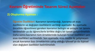 Kavram Öğretiminde Tasarım Süreci Aşamaları
2) Oluşturma Aşaması :
Öğretim Özellikleri: Kavramın tanımlandığı, kavrama ait esas
özelliklerin ve değişken özelliklerin verildiği aşamadır. Bu aşamada
öncelikle öğrenilmesi gereken kavramın belirgin ve anlaşılır bir tanımı
verilmelidir ya da öğrencilerle birlikte doğru bir tanım geliştirilmelidir.
Daha sonra kavramın tüm örneklerinde bulunan temel özellikleri yani
esas özellikleri verilmelidir. Son aşamada, esas özellik ile çelişmeyen
ancak kavramın bazı örneklerinin sahip olduğu işlevsel ya da ilişkisel
olan değişken özellikleri belirtilmelidir.
 