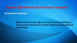 Kavram Öğretiminde Tasarım Süreci Aşamaları
4) Özetleme Aşaması :
Öğreten merkezli ya da öğrenen merkezli olarak öğretilmesi
amaçlanan bir kavram için iki farklı özetleme aşamasından söz
edilmektedir.
 