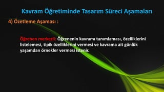Öğrenen merkezli: Öğrenenin kavramı tanımlaması, özelliklerini
listelemesi, tipik özelliklerini vermesi ve kavrama ait günlük
yaşamdan örnekler vermesi istenir.
Kavram Öğretiminde Tasarım Süreci Aşamaları
4) Özetleme Aşaması :
 