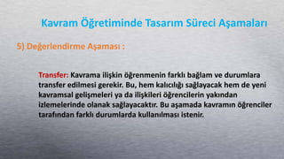 Transfer: Kavrama ilişkin öğrenmenin farklı bağlam ve durumlara
transfer edilmesi gerekir. Bu, hem kalıcılığı sağlayacak hem de yeni
kavramsal gelişmeleri ya da ilişkileri öğrencilerin yakından
izlemelerinde olanak sağlayacaktır. Bu aşamada kavramın öğrenciler
tarafından farklı durumlarda kullanılması istenir.
Kavram Öğretiminde Tasarım Süreci Aşamaları
5) Değerlendirme Aşaması :
 