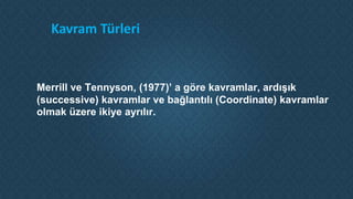 Kavram Türleri
Merrill ve Tennyson, (1977)’ a göre kavramlar, ardıĢık
(successive) kavramlar ve bağlantılı (Coordinate) kavramlar
olmak üzere ikiye ayrılır.
 
