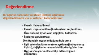 Değerlendirme
Bir öğretim sürecinde yürütülen ilkelerin öğretimini
değerlendirilmesi için şu kriterleri kullanabilirsiniz.
• İlkenin ifade edilmesi
• İlkenin uygulanabileceği ortamların seçilebilmesi
Örn:Duruma aykırı olan değişkeni buldurma.
• İlkelerin uygulanması
Örn:Hangisin uygun olduğunu buldurma
• İlgili eylemler:Tahmin etme,açıklama(Sebep-sonuç
ilişkisi),değişkenler arasındaki ilişkileri göstertme
• Uygun sonuçların elde edilip edilmediğinin
denenmesi
 
