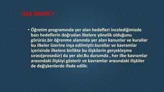 İLKE NEDİR ?
• Öğretim programında yer alan hedefleri incelediğimizde
bazı hedeflerin doğrudan ilkelere yönelik olduğunu
görürüz.bir öğrenme alanında yer alan kanunlar ve kurallar
bu ilkeler üzerine inşa edilmiştir.kurallar ve kavramlar
içerisinde ilkelere birlikte bu ilişkilerin gerçekleşme
sırası(prosedür) da yer alır.Bu durumda , her ilke kavramlar
arasındaki ilişkiyi gösterir ve kavramlar arasındaki ilişkiler
de değişkenlerde ifade edilir.
 