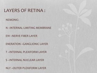 LAYERS OF RETINA : MNEMONIC: IN –INTERNAL LIMITING MEMBRANE NEW –NERVE FIBER LAYER GENERATION –GANGLIONIC LAYER IT –INTERNAL PLEXIFORM LAYER IS –INTERNAL NUCLEAR LAYER ONLY –OUTER PLEXIFORM LAYER OPHTHALMOLOGIST’S –OUTER NUCLEAR LAYER EXAMINING –EXTERNAL LIMITING MEMBRANE PATIENTS –PHOTORECEPTORS  RETINA –RETINAL PIGMENT EPITHELIUM 