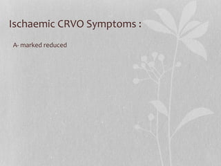 Ischaemic CRVO Symptoms : VA- marked reduced 