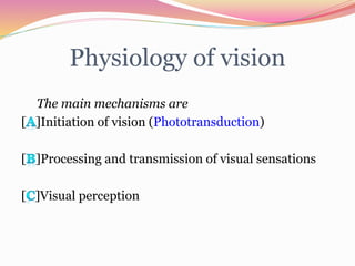 Physiology of vision
The main mechanisms are
[ ]Initiation of vision (Phototransduction)
[ ]Processing and transmission of visual sensations
[ ]Visual perception
 