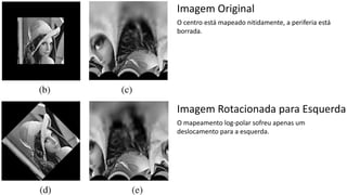 Imagem Original
Imagem Rotacionada para Esquerda
O mapeamento log-polar sofreu apenas um
deslocamento para a esquerda.
O centro está mapeado nitidamente, a periferia está
borrada.
 