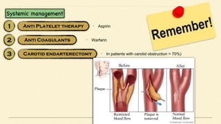 • Aspirin
• Warfarin
• In patients with carotid obstruction > 70%)
 