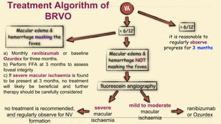 it is reasonable to
regularly observe
progress for 3 months
mild to moderate
macular
ischaemia
ranibizumab
or Ozurdex
severe
macular
ischaemia
no treatment is recommended,
and regularly observe for NV
formation
a) Monthly ranibizumab or baseline
Ozurdex for three months.
b) Perform FFA at 3 months to assess
foveal integrity
c) If severe macular ischaemia is found
to be present at 3 months, no treatment
will likely be beneficial and further
therapy should be carefully considered
Treatment Algorithm of
BRVO
 