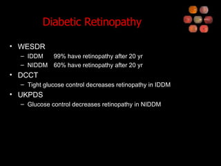 Diabetic Retinopathy WESDR IDDM  99% have retinopathy after 20 yr NIDDM 60% have retinopathy after 20 yr DCCT Tight glucose control decreases retinopathy in IDDM UKPDS Glucose control decreases retinopathy in NIDDM 