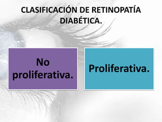 CLASIFICACIÓN DE RETINOPATÍA
DIABÉTICA.
No
proliferativa.
Proliferativa.
 