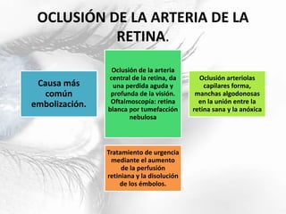 OCLUSIÓN DE LA ARTERIA DE LA
RETINA.
Causa más
común
embolización.
Oclusión de la arteria
central de la retina, da
una perdida aguda y
profunda de la visión.
Oftalmoscopía: retina
blanca por tumefacción
nebulosa
Oclusión arteriolas
capilares forma,
manchas algodonosas
en la unión entre la
retina sana y la anóxica
Tratamiento de urgencia
mediante el aumento
de la perfusión
retiniana y la disolución
de los émbolos.
 