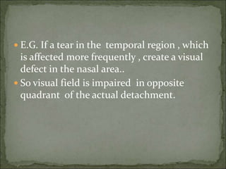  E.G. If a tear in the temporal region , which
is affected more frequently , create a visual
defect in the nasal area..
 So visual field is impaired in opposite
quadrant of the actual detachment.
 