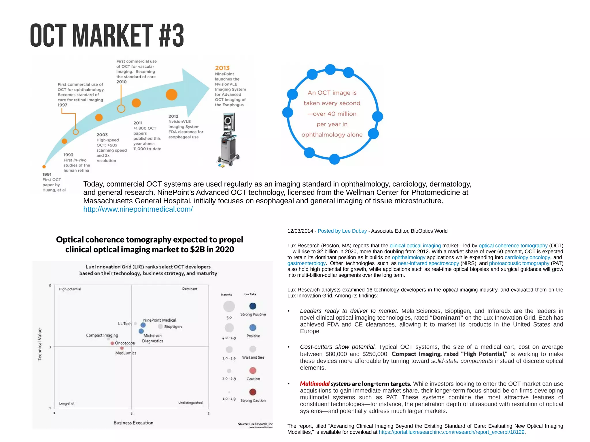 OCT Market #2
The medical markets (ophthalmic, surgical, dental, and
therapeutic) for lasers continue to grow, evidenced by
continuing expansion in the BiOS Symposium at
SPIE Photonics West 2013 as well as the financial
statements of companies like Carl Zeiss Meditec (Dublin,
CA), which saw revenues grow 13.6% for the nine-month
period up to 3Q12 and celebrated the installation of its
10,000th Cirrus HD-OCToptical coherence tomography
 system in November 2012 (introduced in 1996). 
laserfocusworld.com/articles/print/volume-49/issue-01 http://www.sweptlaser.com/OCT-market
The OCT market was born with the introduction of
the first ophthalmic OCT system in the '90s.
Today, OCT products are shipping in opthalmology,
dermatology, cardivascular, peripheral artery
disease, and pearl inspection.  Companies are
readying produjcts for dental, esophageal, and
OCT-guided surgery.  Several other areas are in
development.
The market is just over $1B in 2012, and it is
expected to grow by 18–30% per year for the
foreseeable future. 
Additional general information:
Some Historical Statistics of Academic Public
ations in the Field of Optical Coherence Tomo
graphy
Optical Coherence Tomography News
(October 13, 2012)
Some Historical Statistics on Companies in t
he Market of Optical Coherence Tomography Sy
stems
Optical Coherence Tomography News
(November 3, 2012)
 