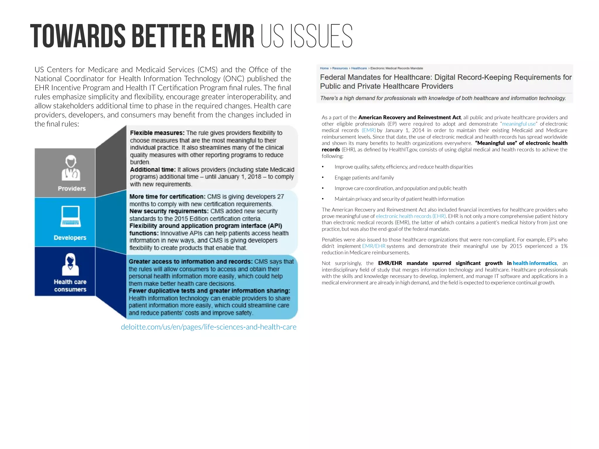 Electronic medical/Health record Market
Thanks to the White House's stimulus-era initiative to bring the health
care industry into the digital age, her company has grown into the
country's leading vendor of software in the 
$9.3 billion electronic health records (EHR) sector. Epic pulled in $1.8
billion in 2014 and is expanding at a rate of about 1,000 new employees a
year.
But instead of ushering in a new age of secure and easily accessible
medical files, Epic has helped create a fragmented system that leaves
doctors unable to trade information across practices or hospitals.
Epic is not the only barrier to a seamless medical records system.
Thanks to legislative maneuvering by former Rep. Ron Paul (R-Texas) in
1999, the federal government can't fund any sort of system with unique
health care identification numbers.
There have been other signs that the government has had enough with
Epic. A massive contract to overhaul and modernize the Department of
Defense's health records, worth up to $9 billion over the next 18 years,
had long been expected to go to the company. But in July, the Pentagon
announced it had instead chosen Cerner to provide the software to
serve 9.5 million DOD beneficiaries. Jonathan Woodson, the assistant
secretary of defense for health affairs, stressed that the Pentagon
believed it was "very important to have a highly integrated system that is
portable. The private sector has to position itself to be more
interoperable."
motherjones.com/politics/2015/10/
Global EHR Market
http://blog.capterra.com/top-5-ehr-trends-for-2016-2/
1. More EHRs are moving to the cloud
2. More EHRs are providing patient portals
3. Telemedicine will blow up
4. EHRs will (finally) go mobile
5. Big data will reveal more connections
in US, forbes.com
Room for a lot of disruption here!
Some have been openly critical of the tactics used by EHR vendors and their ability to “lock in” customers often in a sequential‒ ‒
fashion as they churn through different EHR vendor solutions. In their eBook  ‒ Hacking Healthcare  authors Fred Trotter and‒
David Uhlman offered this sober assessment:
A vendor creates a system so specific, non standardized and esoteric that one and only one vendor can possibly support or‒
maintain it. The vendor then pursues aggressive sales strategies, often combined with low initial pricing. Once fully
established in the customer site, the vendor can drain the customer with ever increasing maintenance and upgrade fees.‒
forbes.com
 