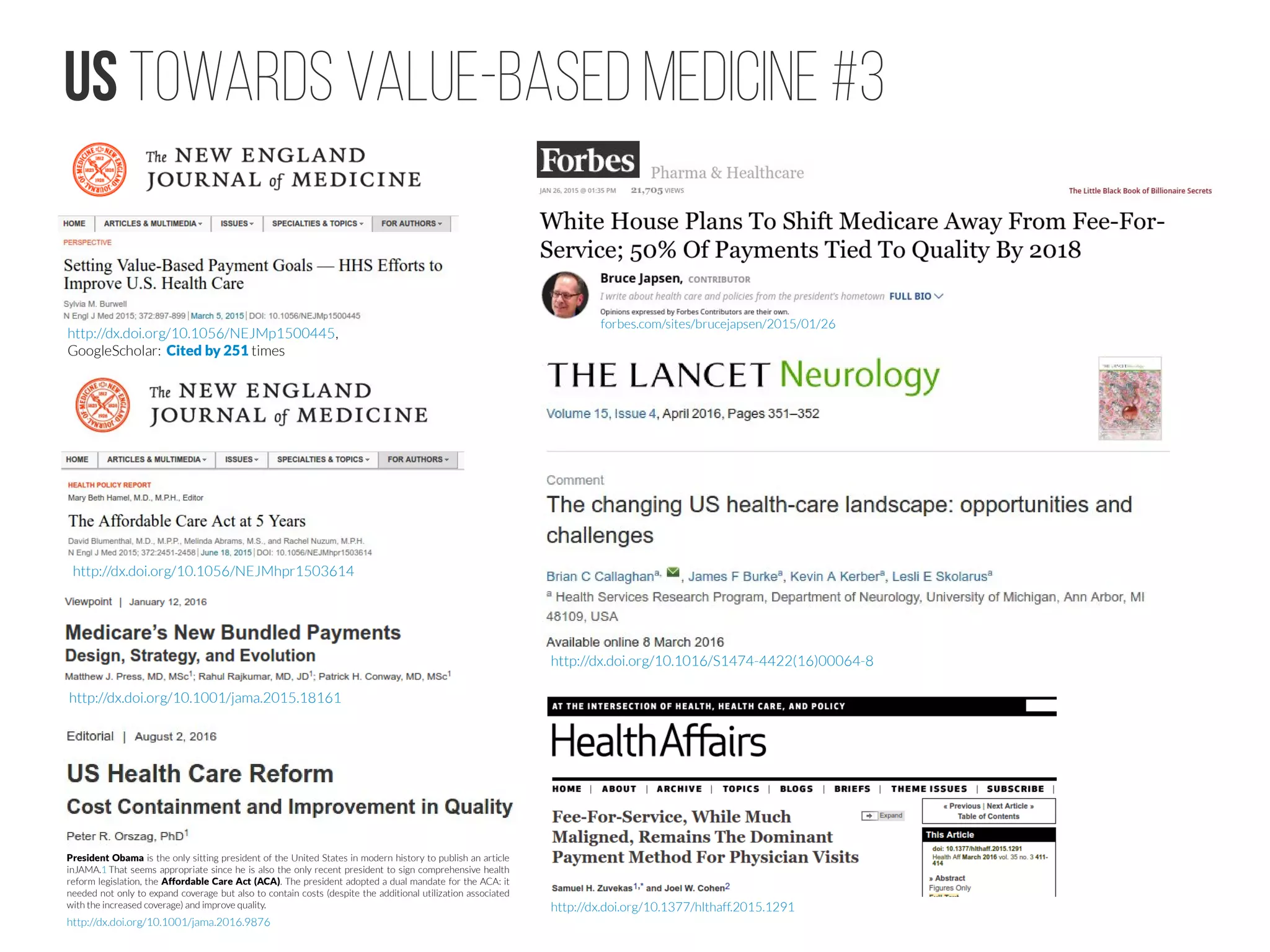 US Healthcare Misaligned incentives #2
The principal-agent problems in health
care: evidence from prescribing patterns
of private providers in Vietnam
The principal-agent problem in health care
asserts that providers, being the imperfect
agents of patients, will act to maximize their
profits at the expense of the patients’
interests. This problem applies especially
where professional regulations are lacking
and incentives exist to directly link providers’
actions to their profits, such as a fee-for-
service payment system.
http://dx.doi.org/10.1093/heapol/czr028
http://dx.doi.org/10.2307/1912246
Cited by 3325
http://dx.doi.org/10.1016/0167-6296(93)90023-8
Cited by 181
NBER Working Paper No. 21930
Issued in January 2016
NBER Program(s):   AG   HC   HE 
A longstanding literature has highlighted the tension between the altruism of physicians
and their desire for profit. This paper develops new implications for how these competing
forces drive pricing and utilization in healthcare markets. Altruism dictates that providers
reduce utilization in response to higher prices, but profit-maximization does the opposite.
Rational physicians will behave more altruistically when treating poorer patients or those
that face higher medical cost burdens, and when foregone profits are lower. These insights
help explain the observed heterogeneity in pricing dynamics across different healthcare
markets. 
http://dx.doi.org/10.3386/w21930
http://dx.doi.org/10.1097/HMR.0000000000000042
Physician financial conflict of interest is a concern in the delivery of medicine because of its possible influence on
the cost and the quality of patient care. There has been an extensive discussion of the ethical, economic, and legal
aspects of this issue but little direct empirical evidence of its magnitude or effects.
Results indicate that the vast majority of physicians receive industry gifts in various forms, and the receipt of
gifts is associated with lower perceived quality of patient care. There is also an inverse relationship between the
frequency of received gifts and the perceived quality of care. Physicians need to be aware of the widespread
receipt of industry gifts in medical practice and the potential adverse impact of such receipts on the delivery of
care.
 