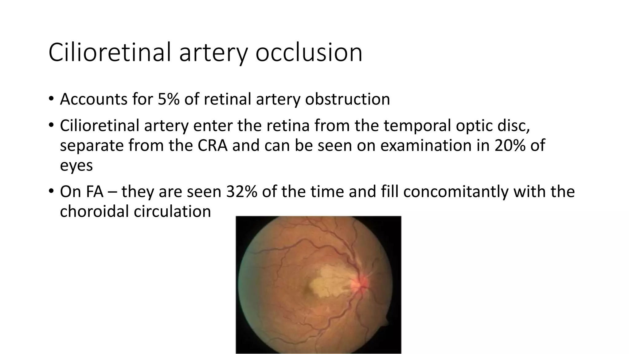 Cilioretinal artery occlusion
• Accounts for 5% of retinal artery obstruction
• Cilioretinal artery enter the retina from the temporal optic disc,
separate from the CRA and can be seen on examination in 20% of
eyes
• On FA – they are seen 32% of the time and fill concomitantly with the
choroidal circulation
 