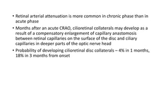 • Retinal arterial attenuation is more common in chronic phase than in
acute phase
• Months after an acute CRAO, cilioretinal collaterals may develop as a
result of a compensatory enlargement of capillary anastomosis
between retinal capillaries on the surface of the disc and ciliary
capillaries in deeper parts of the optic nerve head
• Probability of developing cilioretinal disc collaterals – 4% in 1 months,
18% in 3 months from onset
 