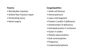 Trauma
• Retrobulbar injection
• Orbital floor fracture repair
• Penetrating injury
• Nasal surgery
Coagulopathies
• Sickle-cell disease
• Homocystinuria
• Lupus anticoagulant
• Protein C and/or S deficiency
• Antithrombin III deficiency
• Activated protein C resistance
• Factor V Leiden
• Platelet abnormalities
• Oral contraceptives
• Pregnancy
• Leukemia/lymphoma
 
