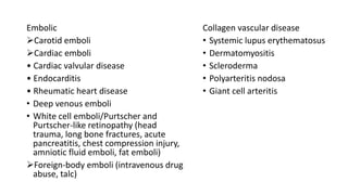Embolic
Carotid emboli
Cardiac emboli
• Cardiac valvular disease
• Endocarditis
• Rheumatic heart disease
• Deep venous emboli
• White cell emboli/Purtscher and
Purtscher-like retinopathy (head
trauma, long bone fractures, acute
pancreatitis, chest compression injury,
amniotic fluid emboli, fat emboli)
Foreign-body emboli (intravenous drug
abuse, talc)
Collagen vascular disease
• Systemic lupus erythematosus
• Dermatomyositis
• Scleroderma
• Polyarteritis nodosa
• Giant cell arteritis
 